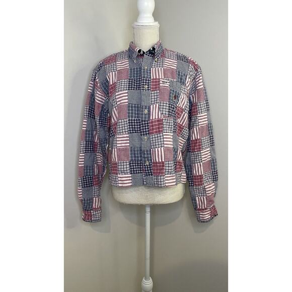 Vintage 90s Tommy Hilfiger American Plaid Patchwork July 4th USA Shacket Crop XL - Picture 1 of 14